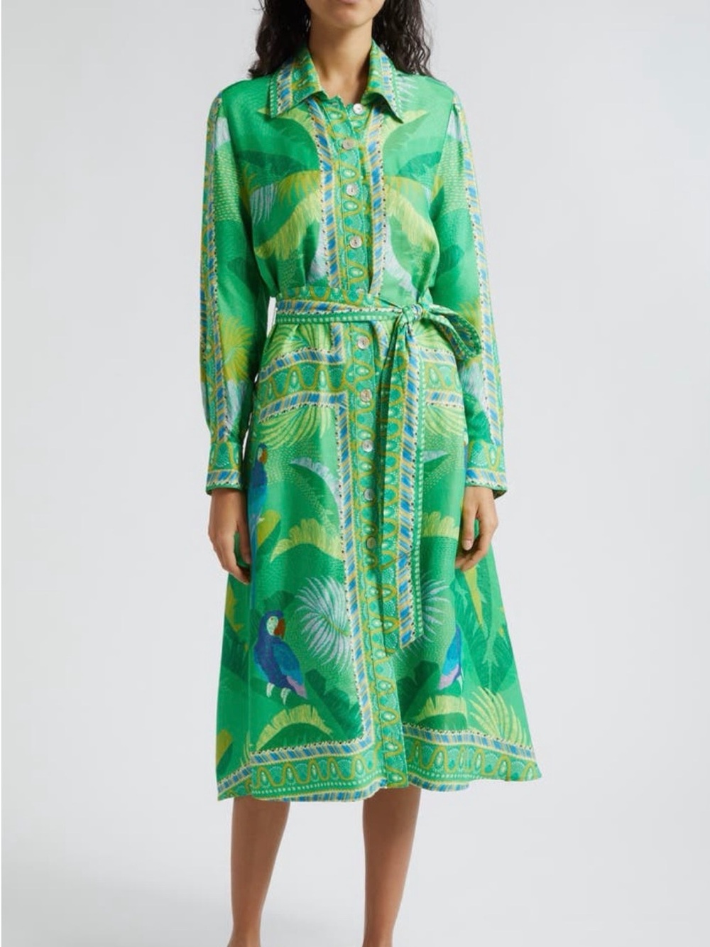 Farm Rio Macaw Scarf Print Shirt Dress with removable Waist Tie, size L